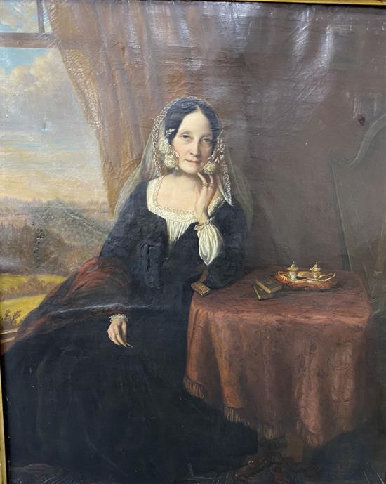 Victorian School, oil on canvas, Interior portrait of a lady seated at a table, a harp beyond, 75 x 62cm